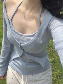 DAZY 2pcs Knitted Cover Up With Spaghetti Strap Shawl Collar Lightweight Cover Up Set For Women - Blue - View 1