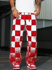 Manfinity EMRG Casual Straight-Leg Men's Pants With Contrasting Plaid Pattern, Red Checkered Pants, Men Graphic Pants, Streetwear Pants, Red And White Checkered Pants, 2000s Style, Fall - Red - View 8