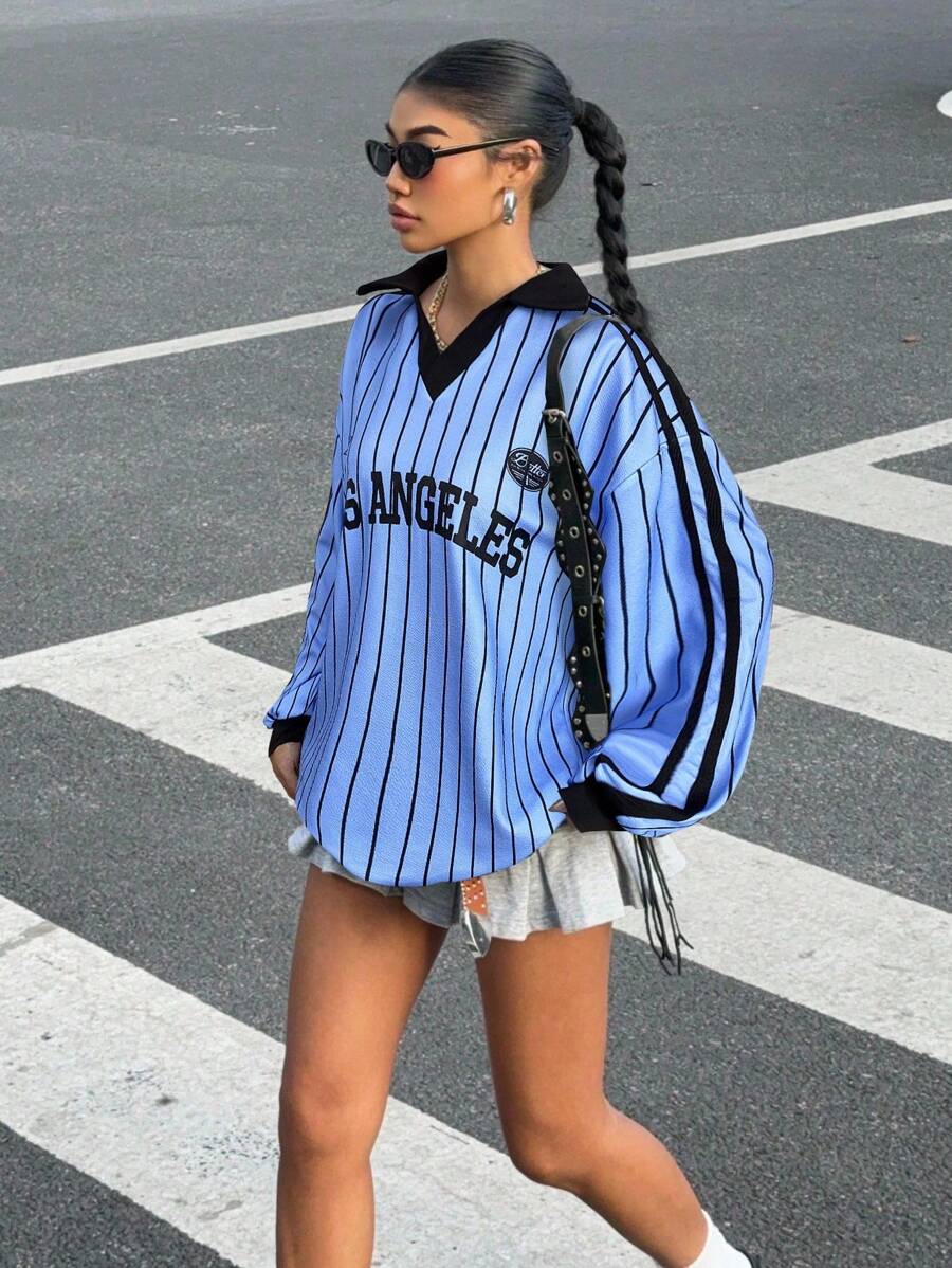 SHEIN EZwear Knitted Long Sleeve Streetwear Plus Size Pullover With Side Stripes And Blue Accents Blue And Black Jersey Long Sleeve Jersey Y2k Jersey Oversized Jersey Striped Jersey Winter Fall Autumn