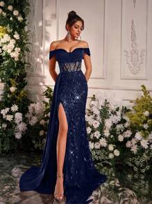 Glamrae 优雅奢华露肩刺绣亮片开衩鱼尾裙，缎面褶饰，侧褶，适合婚礼、派对、舞会、宴会（重型） - 藏蓝色 - 查看 3