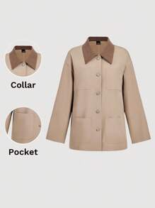 SHEIN MOD Casual Loose Minimalist Front Button Long Sleeve Women's Regular Coat,Autumn,Fall,Back To School,Office Wear,Old Money Style,Best Selling,Homecoming,Oversize,Barn Jacket,Going Out,Country,Business Casual,Work Women,Teacher - Khaki - View 2