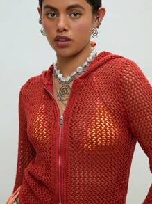 开放式针织连帽衫/女士夏季服装/夏季上衣/外出上衣/休闲/Y2K 复古 - 紅色 - 查看 8