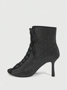 CUCCOO SZL Black Suede Rhinestone Embellished Fashion Street Style Round Toe Ankle Boots - Black - View 10