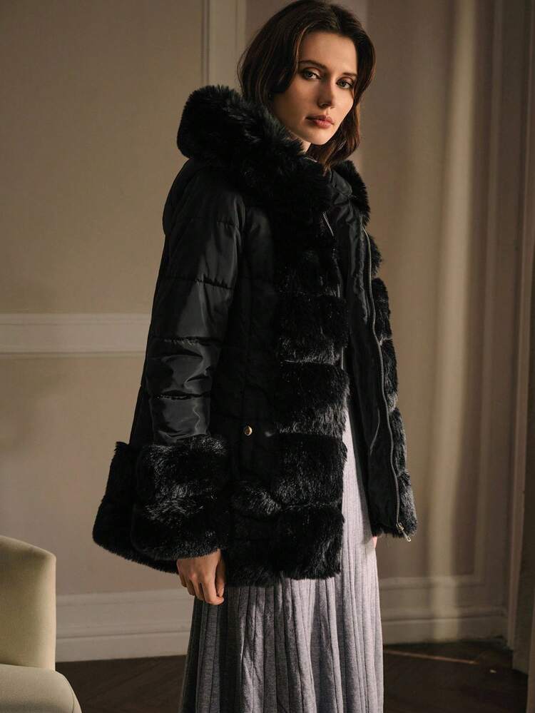 CONTRAST FAUX FUR HOODED WINTER COAT