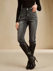 Anewsta 时尚水钻装饰女式黑色紧身裤 - 黑色 - 查看 4