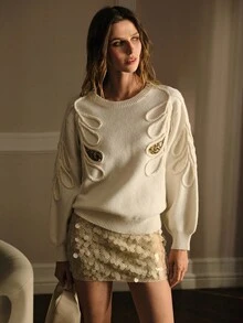 MOTF PREMIUM CONTRAST SEQUIN EMBROIDERY SWEATER - Apricot - View 6