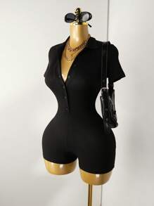 Mistrie Bộ áo liền quần ngắn tay đơn giản hàng ngày màu trơn dành cho nữ - màu đen - Xem 4