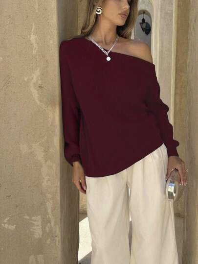 Siren Gaze Jersey de cuello asimétrico de unicolor, Top de manga larga