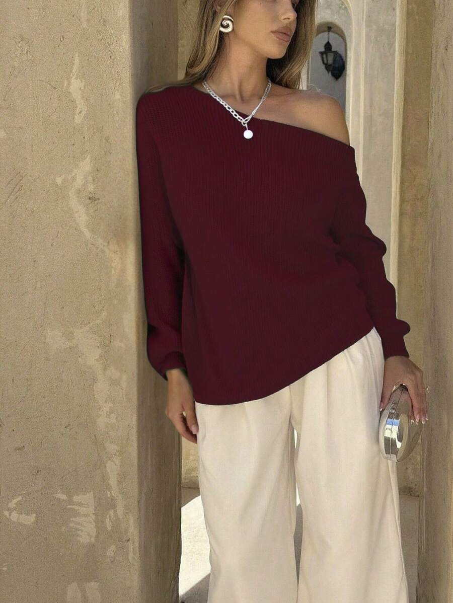 Siren Gaze Solid Color Asymmetrical Neck Sweater,Long Sleeve Tops,Off The Shoulder Sweater In Fall/Winter Christmas Red New Year Casual Spring Valentine's Day - Red - View 1