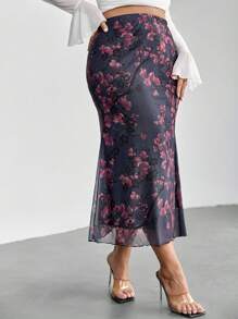 Firerie Elegant Floral Print Fitted Skirt, Plus Size - Multicolor - View 4