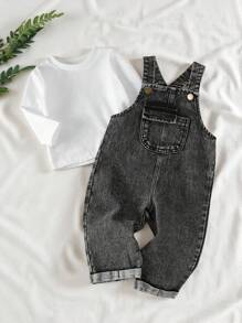 SHEIN Vintaside Kids Young Boy Solid Color Long Sleeve Top And Washed Denim Bib Overall Pants Set Chic Outfits For Autumn/Winter Fall
