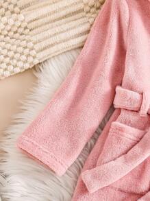 Genkimix Kids Girls' Solid Pink Minimalist Robe, Autumn/Winter Sleepwear Girls Bathrobe Plush Robe Fall - Pink - View 5