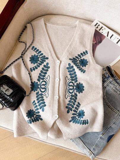 SHEIN Frenchy 女士休闲无袖针织背心，植物刺绣V领单排扣，秋季女装，休闲女装，冬季