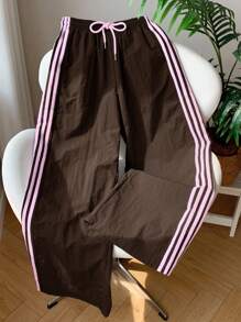 Comfortcana 女式棕色侧条纹松紧腰休闲宽松运动裤 - 棕色 - 查看 6