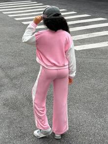 SHEIN Explorewe 2pcs/Set Tween Girls Pink Autumn Casual School Back-To-School Loose 3D Embroidery Patchwork Contrast Color Jacket With Sports Pants,Daily Commuting - Pink - View 2