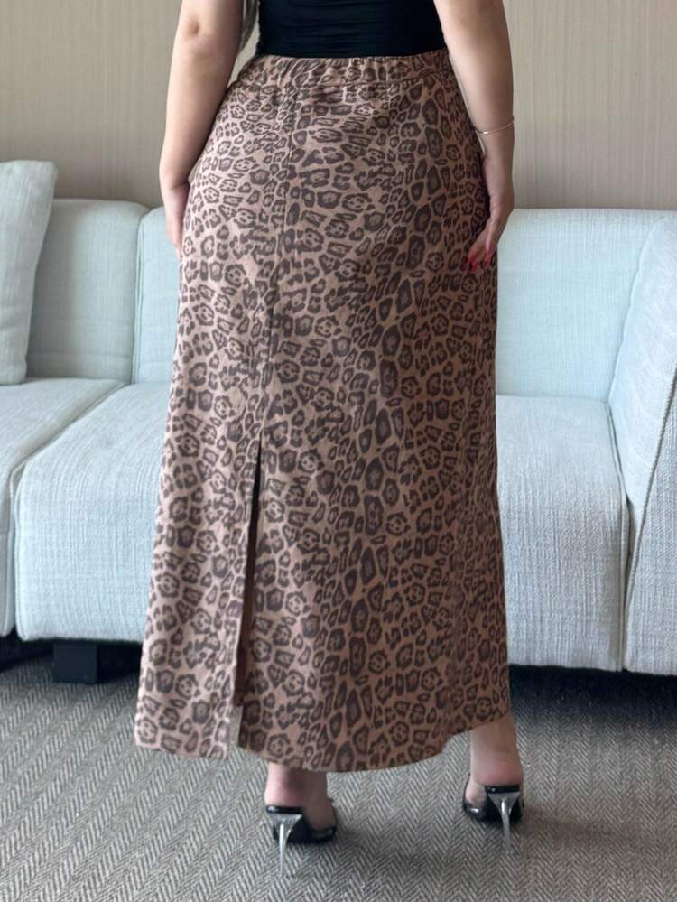 Dazy Plus Plus Size Leopard Print Elastic Waist Back Slit Maxi A-Line Skirt, Street Style Fall Skirts
