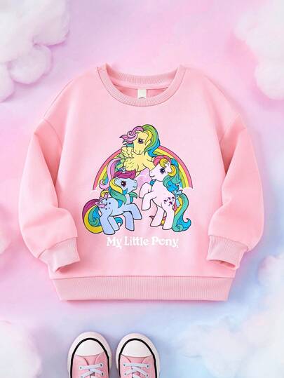 My Little Pony X SHEIN 年轻女孩休闲日常马匹印花圆领运动衫
