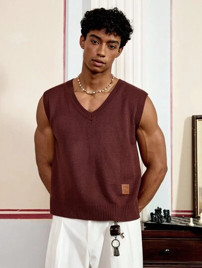 SWAVVY Men's Casual V-Neck Standard Size Knitted Sleeveless Sweater, For Fall Winter