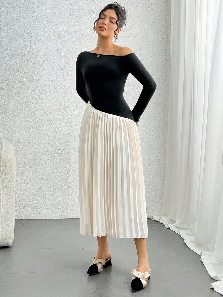 Women's Elegant Contrast Color Pleated Shoulder Dress, Autumn Long Sleeve Dress