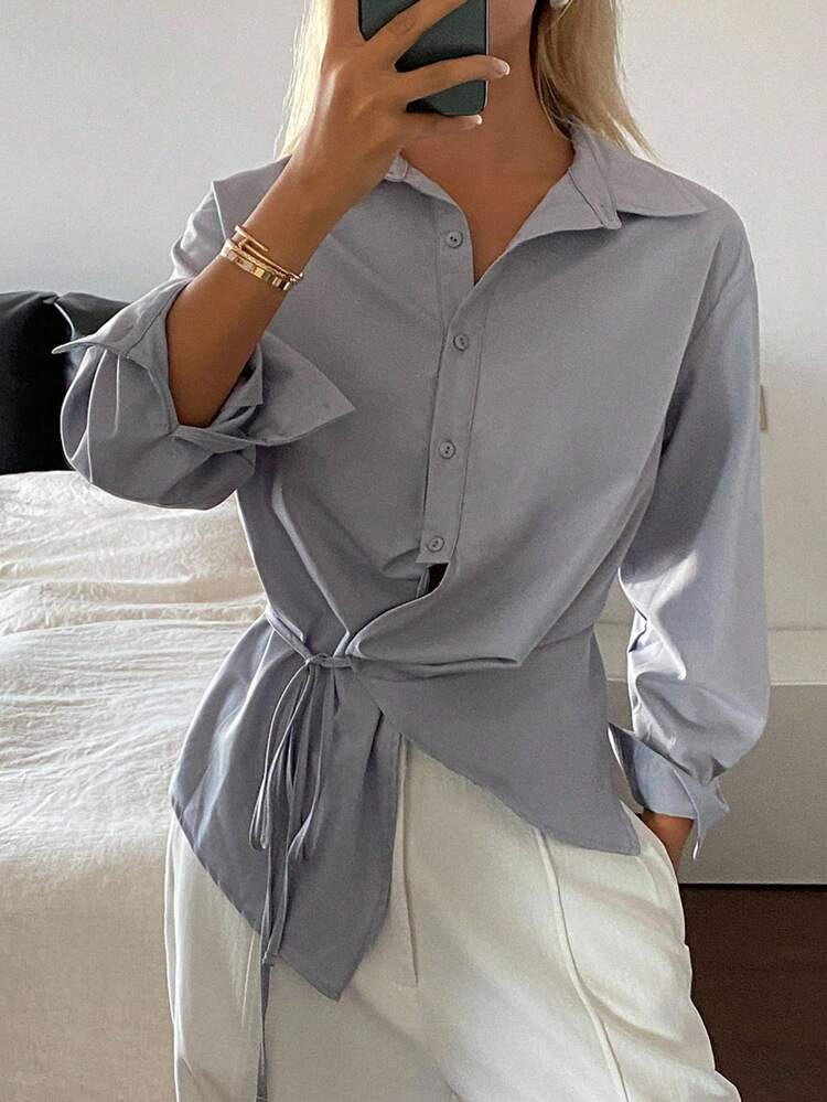 Women's Casual Solid Color Asymmetric Tie Shirt, Autumn,Fall Women Clothes Long Sleeve Top