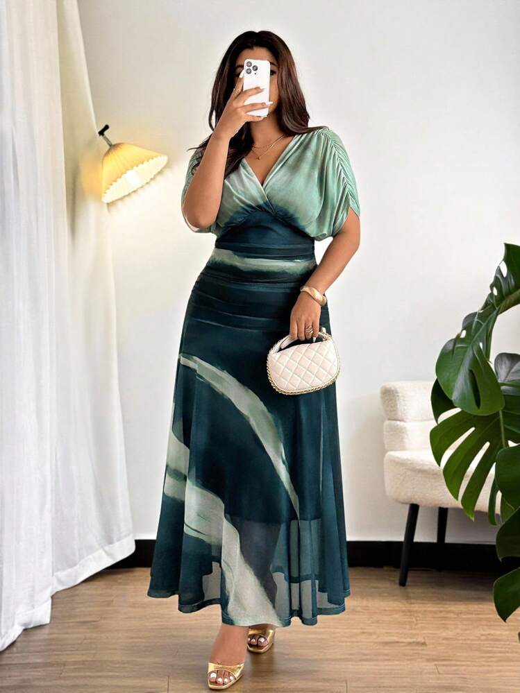 Firerie Plus Size Elegant Vacation Tie Dye Ruched V-Neck Elastic Waist Flowy Dress, Comfortable Casual, Spring/Fall,Fall Clothes For Women,Wedding Guest Dress Women - Multicolor - View 8