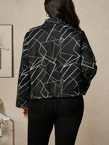 Zelara Plus Size Women Geometric Print Casual Drawstring Hem Jacket With Rolled Sleeves Country Autumn Winter - Black - View 3
