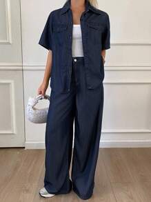 DAZY Women's Casual Loose Denim Shirt And Wide Leg Jeans Set - Dark Wash - View 4