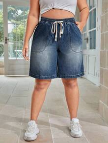 Rivivi Plus Size Women Drawstring Waist Pockets Loose Casual Denim Shorts - Dark Wash - View 6