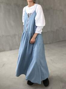 FRIFUL 女式休闲宽松牛仔连身裤 - 藍色 - 查看 4