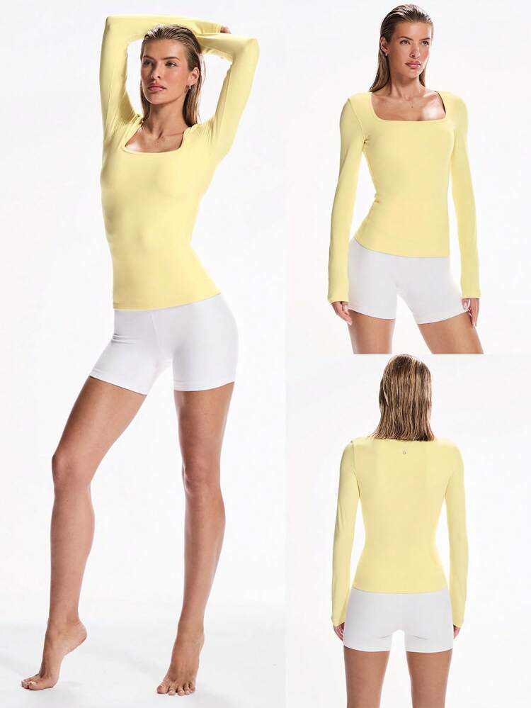 Smooth DreamLyx Tummy Control Soft Stretchy Sweat-Wicking Body Shaping Built-In Bra Square Neck Slim Fit Long-Sleeve Top Daily Casual