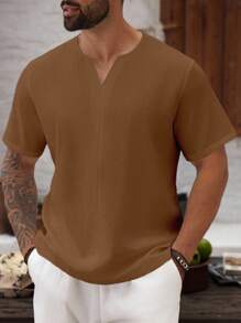 Manfinity Homme Koszula męska z krótkim rękawem, w jednolitym kolorze, w dużym rozmiarze, na lato - Brązowy - Zobacz 3