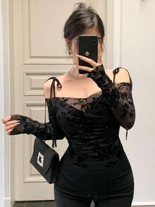 Joudiya 印花网纱植绒撞色无袖吊带背心，系带设计，适合派对、婚礼、春夏秋季外出穿着，女士长袖上衣 - 黑色 - 查看 3