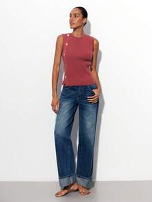 Maija 女士红色无袖休闲针织上衣，纽扣设计，圆领，性感时尚，通勤和日常穿着舒适。 - 紅色 - 查看 5