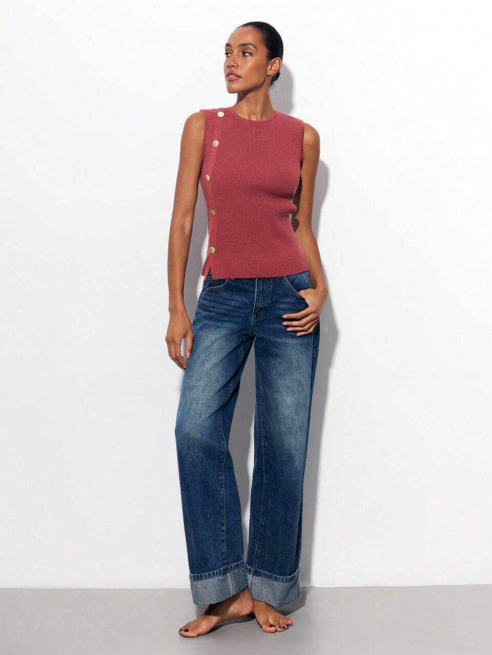 SHEIN Maija Women's Rose Gold Sleeveless Casual Elegant Knit Top, Featuring Round Neck And Front Button Design, Simple Yet Personalized, Fashionable. Soft Office