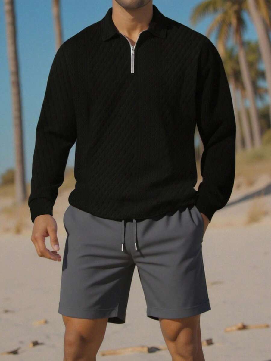 Manfinity Dauomo 男士纯色长袖休闲宽松 Polo 衫 - 黑色 - 查看 1