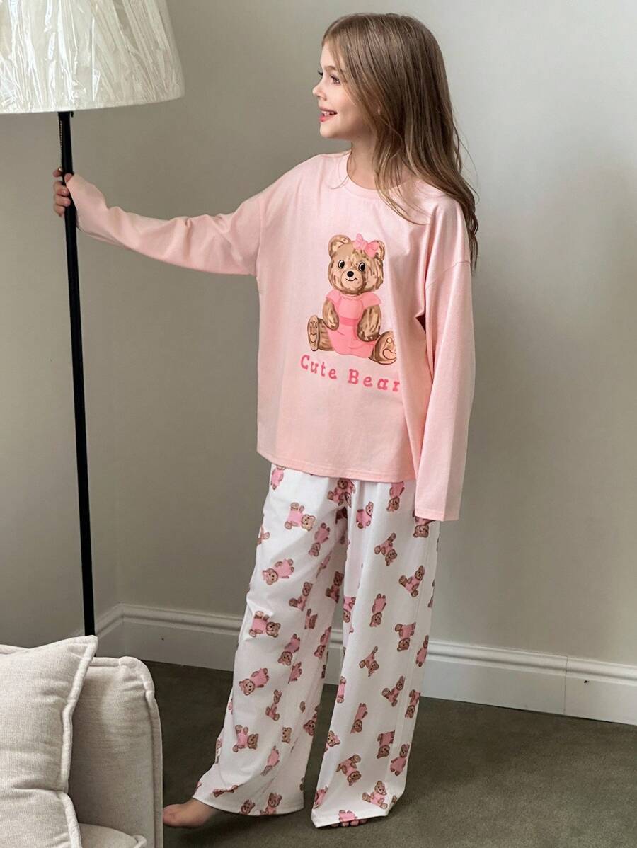 Hapijoa 青少年女孩字母和卡通熊印花长袖上衣和裤子睡衣套装 - 粉色 - 查看 1