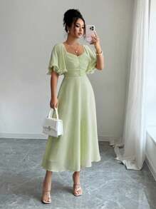 Modelyn Women's Solid Butter Yellow Chiffon Ruffle Sleeve Design Summer French Style Vacation Dress - Green - View 3