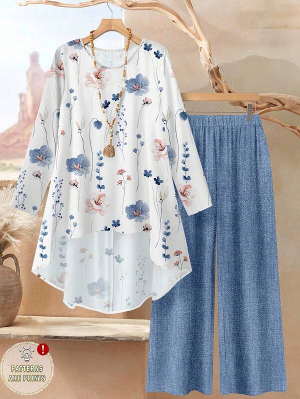 Rusticease 2pcs/Set Women Watercolor Floral Print Loose Fit Round Neck Long Sleeve Top And Pants Suit, Summer Autumn And Winter