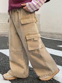 SHEIN Young Boys Fall/Winter Vintage Urban Street Cool Style Vintage Distressed Casual Basic Everyday Style Khaki Denim Multiple Pockets Split Design Loose Fit Cargo Pants,For Kids Fall/Winter Clothes,Boys Back-To-School Clothes,Boys Streetwear Outfits,Boys Homecoming Outfits