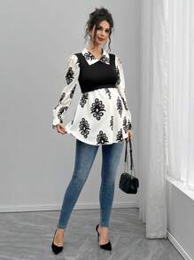 Momance Fashionable Casual Printed Patchwork Vintage Patchwork Collar Maternity Shirt
