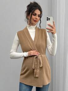 SHEIN Áo khoác len cardigan dệt kim không tay cổ rút dây buộc màu trơn cho bà bầu - màu nâu - Xem 6