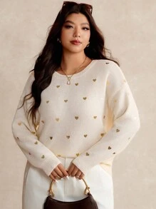 Elaquor Maglione casual oversize da donna con motivo a cuori, collo rotondo, maniche a giro, maniche lunghe, adatto per l'autunno/inverno - Albicocca - Visualizzare 1