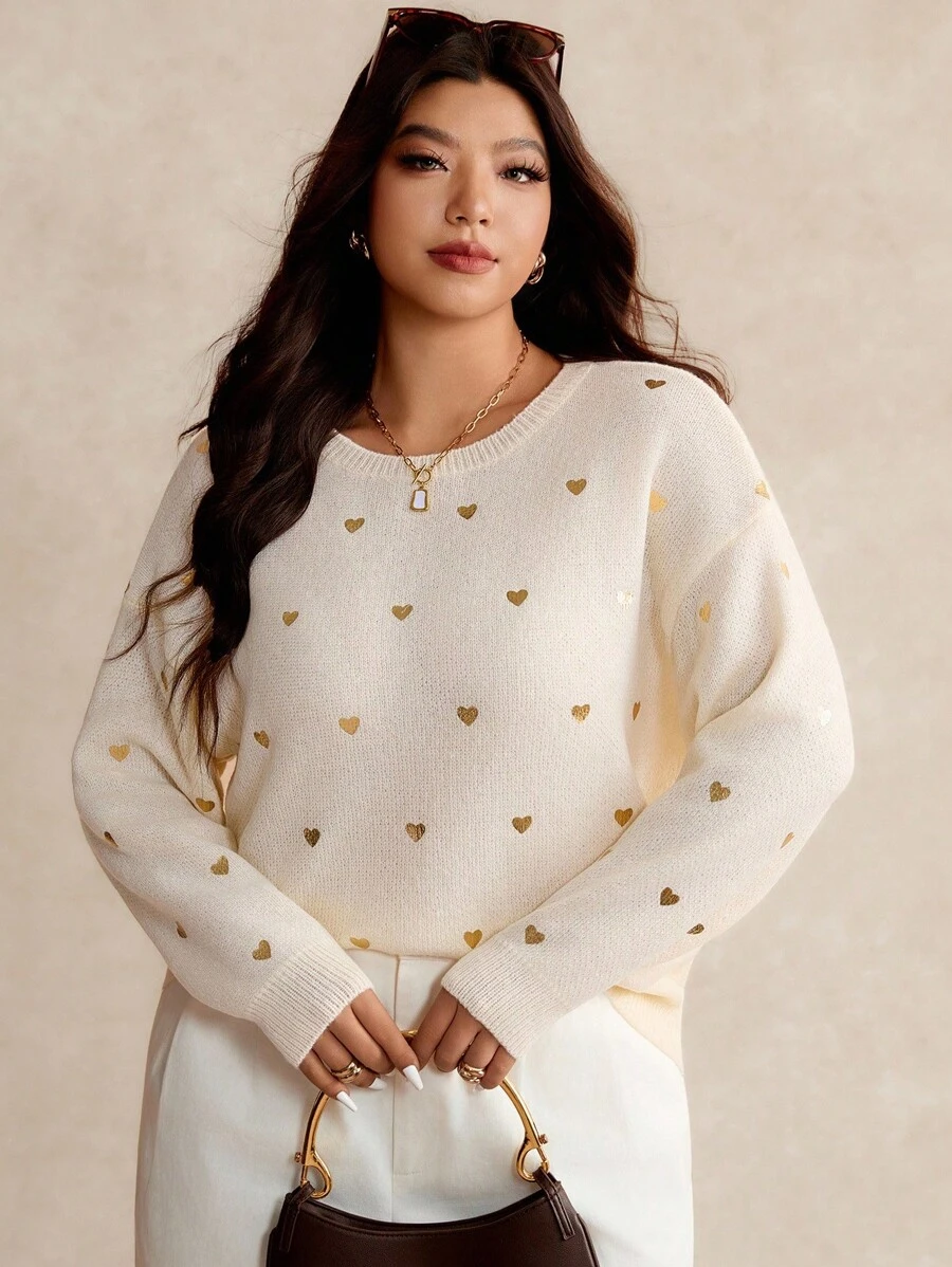Elaquor Maglione casual oversize da donna con motivo a cuori, collo rotondo, maniche a giro, maniche lunghe, adatto per l'autunno/inverno - Albicocca - Visualizzare 1