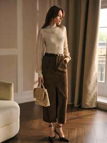 MOTF PREMIUM 对比色网眼修身毛衣 - 卡其色 - 查看 6