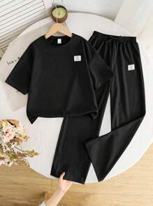 SHEIN 2 件套青少年女孩休闲宽松舒适圆领短袖 T 恤和裤子套装 - 黑色 - 查看 4