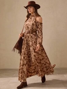 Wildy 浪漫波西米亚风荷叶边露肩长袖连衣裙，棕色，美式乡村度假风格长裙长袖长波西米亚风连衣裙花卉长裙大地色长裙露肩长裙秋季服装乡村音乐会服装返校节西部服装女式波西米亚风女装乡村服装女式百褶裙度假服度假服女式西部连衣裙狂欢服装 - 棕色 - 查看 4