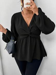 Firerie 大码休闲扭纹 A 字长袖衬衫，绿色 - 黑色 - 查看 4