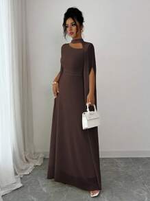 Elenzga 女士优雅法式浪漫度假风沙滩裙，雪纺透明面料，镂空领口，后背交叉系带，喇叭长裙，长袖，开衩袖口，适合下午茶、派对、中东风格、春夏季 - 棕色 - 查看 8