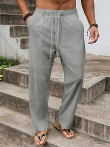 VENTUSAIL Men's Casual Solid Color Cotton Linen Pants, Winter, Fall - Dark Grey - View 3