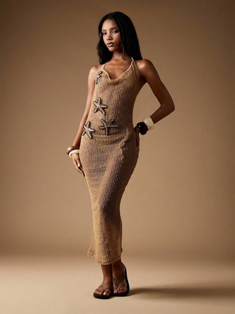 MISSGUIDED Metallic Knitted Starfish Embellished Halter Neck Midaxi Beach Dress Evening Party Special Occasion Resort Wear Summer Holiday Cruise